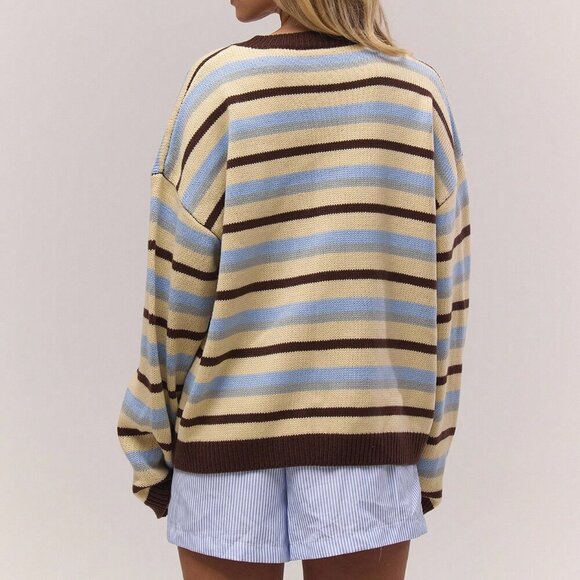 Womens Oversized Button Through Drop Shoulder Knitted Stripe cardigan sweater - Picture 3 of 5